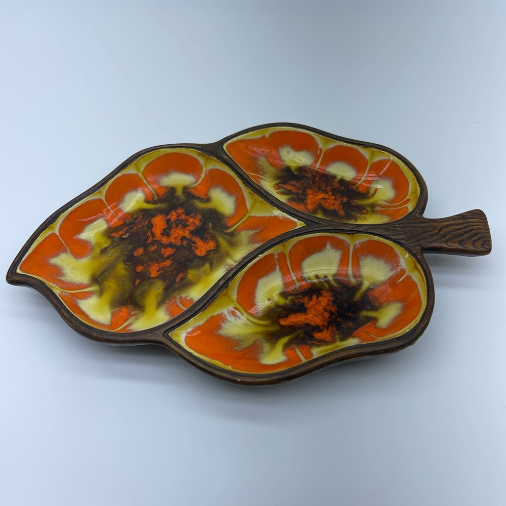 MSM Dish Tray Treasure Craft Leaf 3 Section Divided Orange Yellow Brown Decor